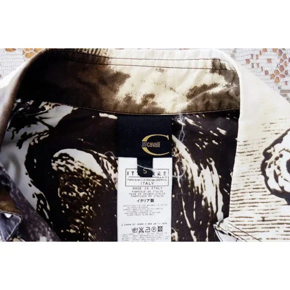 Vtg 00s Y2K Just Cavalli Beige Brown Western Long Sleeve Button Down Shirt Small - Picture 3 of 3